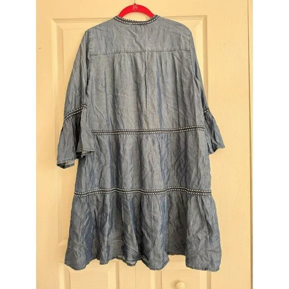 TOMMY BAHAMA M Chambray Embroidered Tiered Coverup Dress Blue Tencel Lyocell - Picture 7 of 8